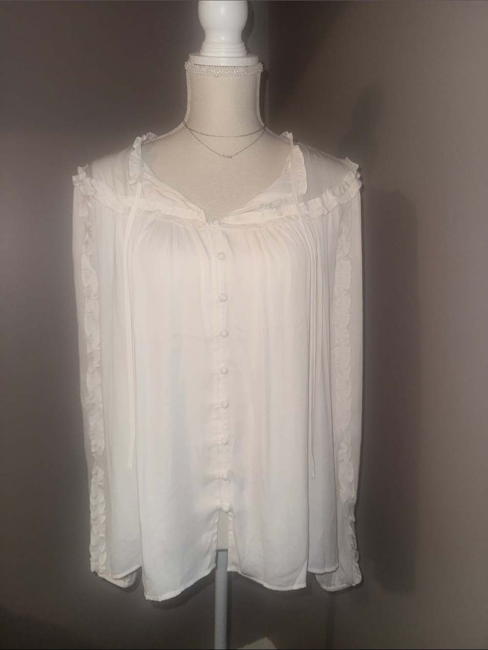 LOFT White Ruffle-Trim Button-Down Blouse